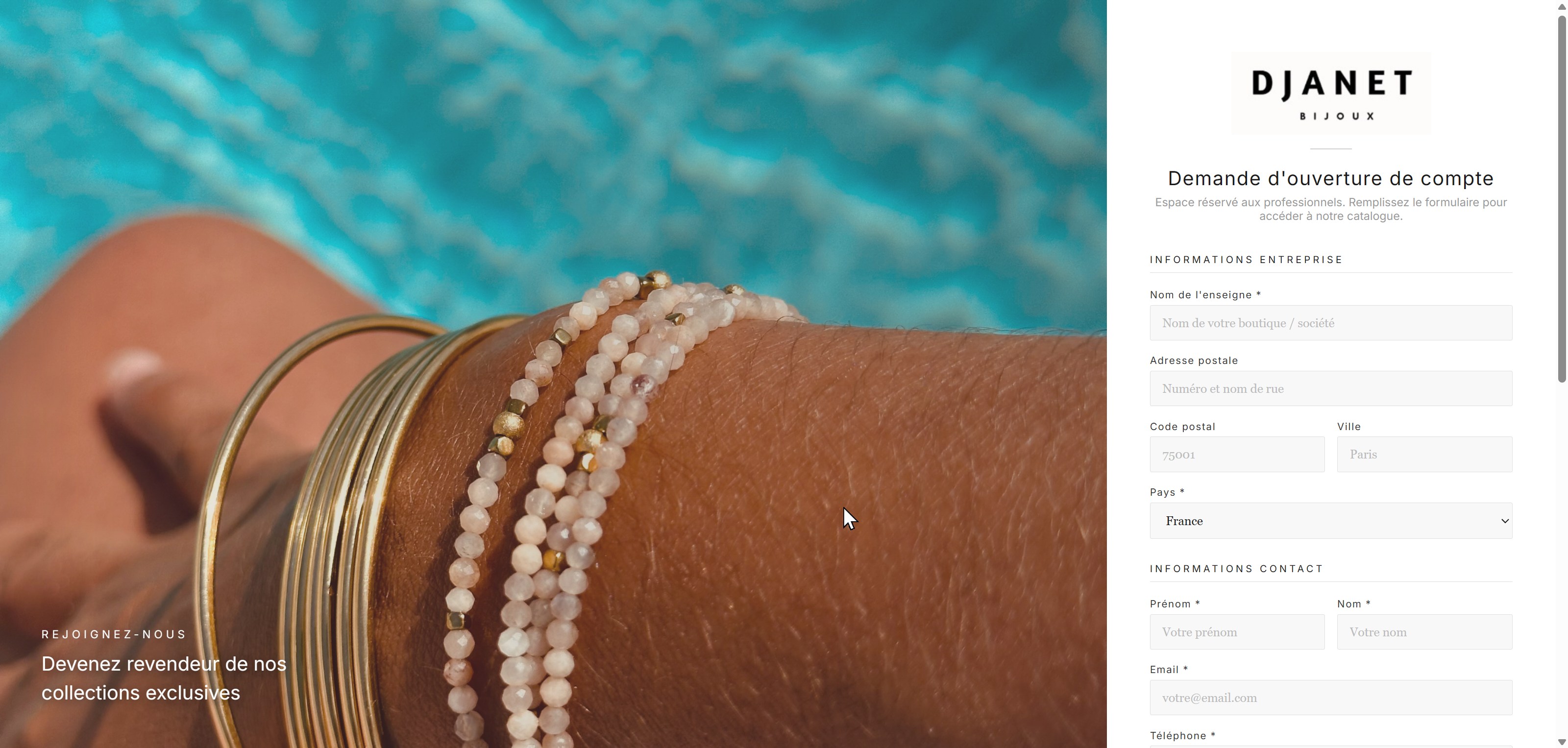 Plateforme B2B Djanet Bijoux — page d'ouverture de compte revendeur
